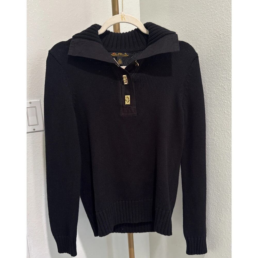 Lauren Ralph Lauren Black Cotton Knit Sweater w/Gold Twist Buttons Size Medium
